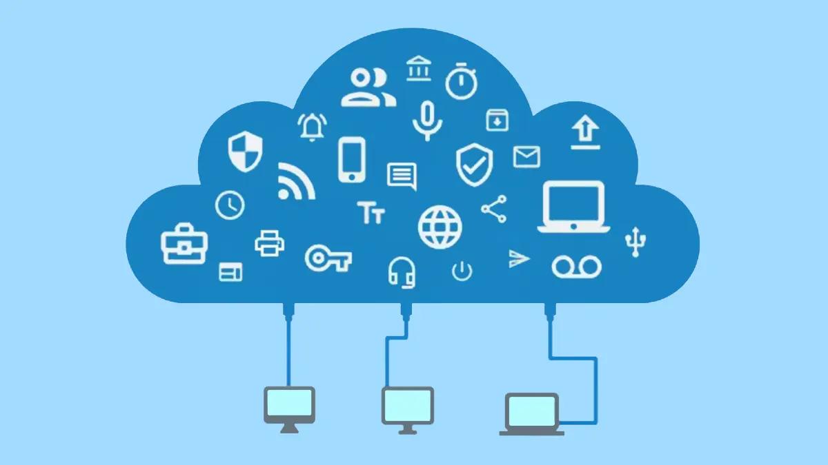 A stylized illustration of different types of devices connected to a cloud that provides many different services.