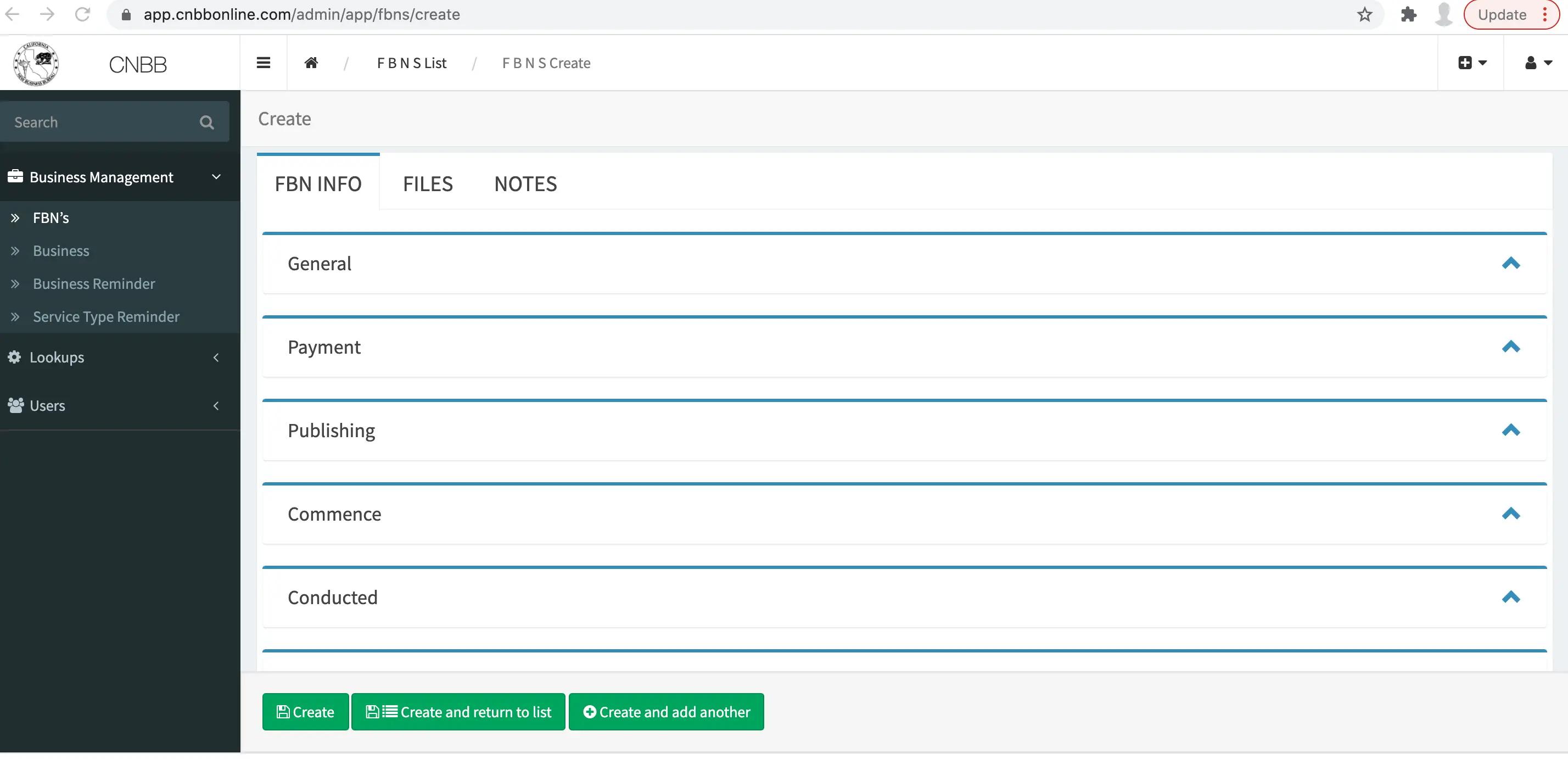 Screenshot of the California New Business Bureau's software interface.