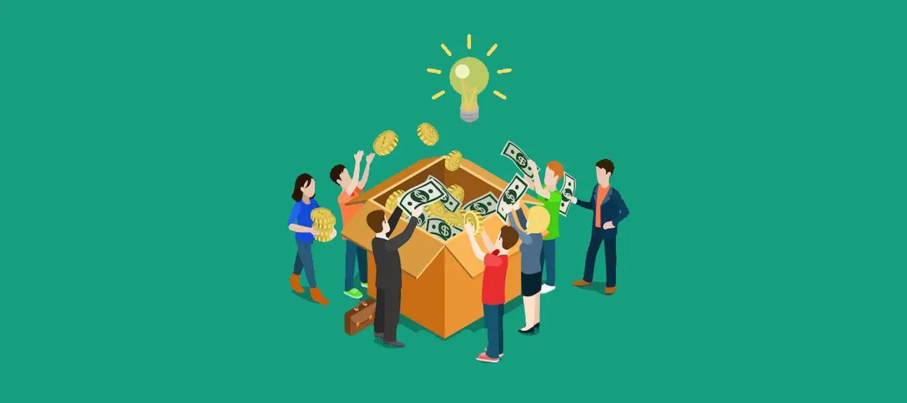 Animated image showing a group of people gifting money as a form of crowdfunding into a box.