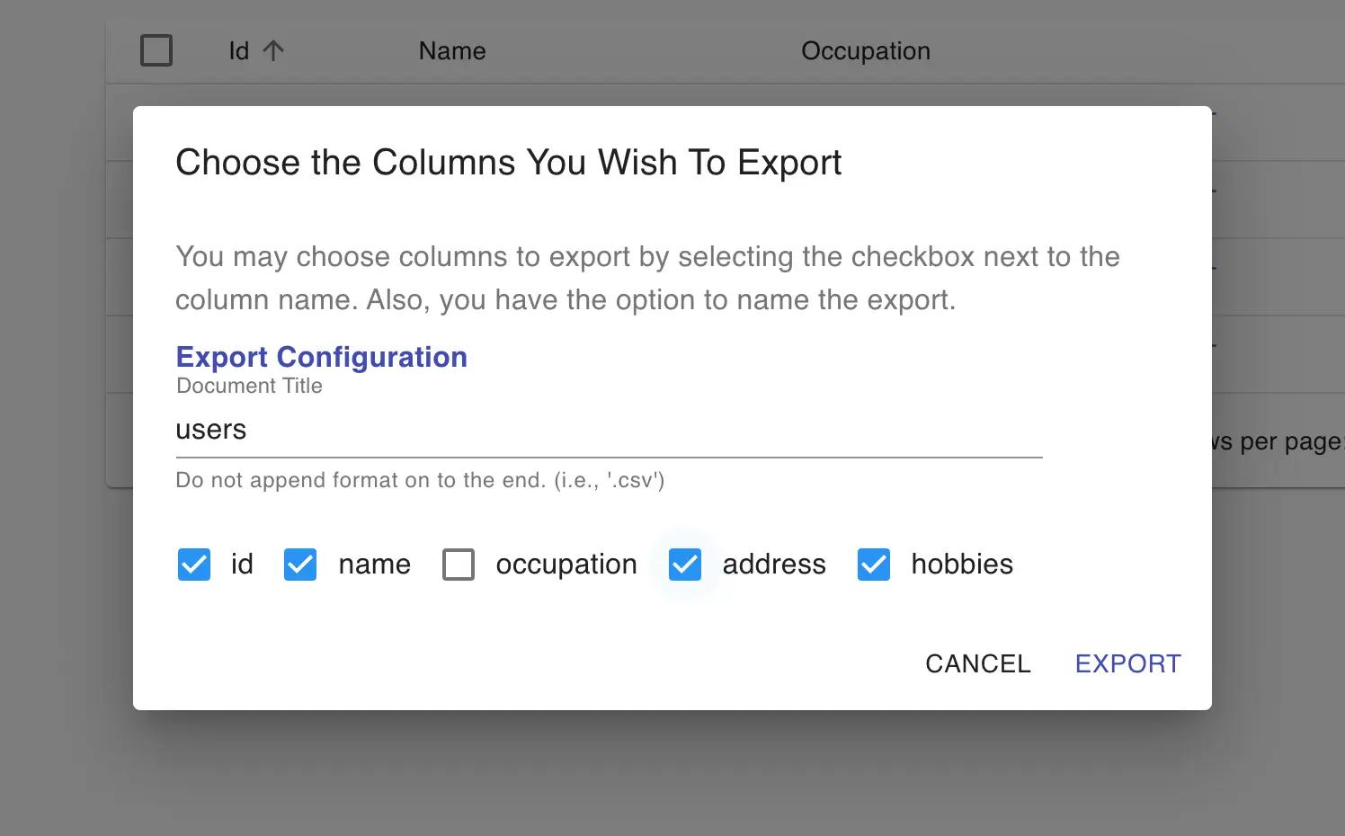 Configure Columns in React Admin to Export
