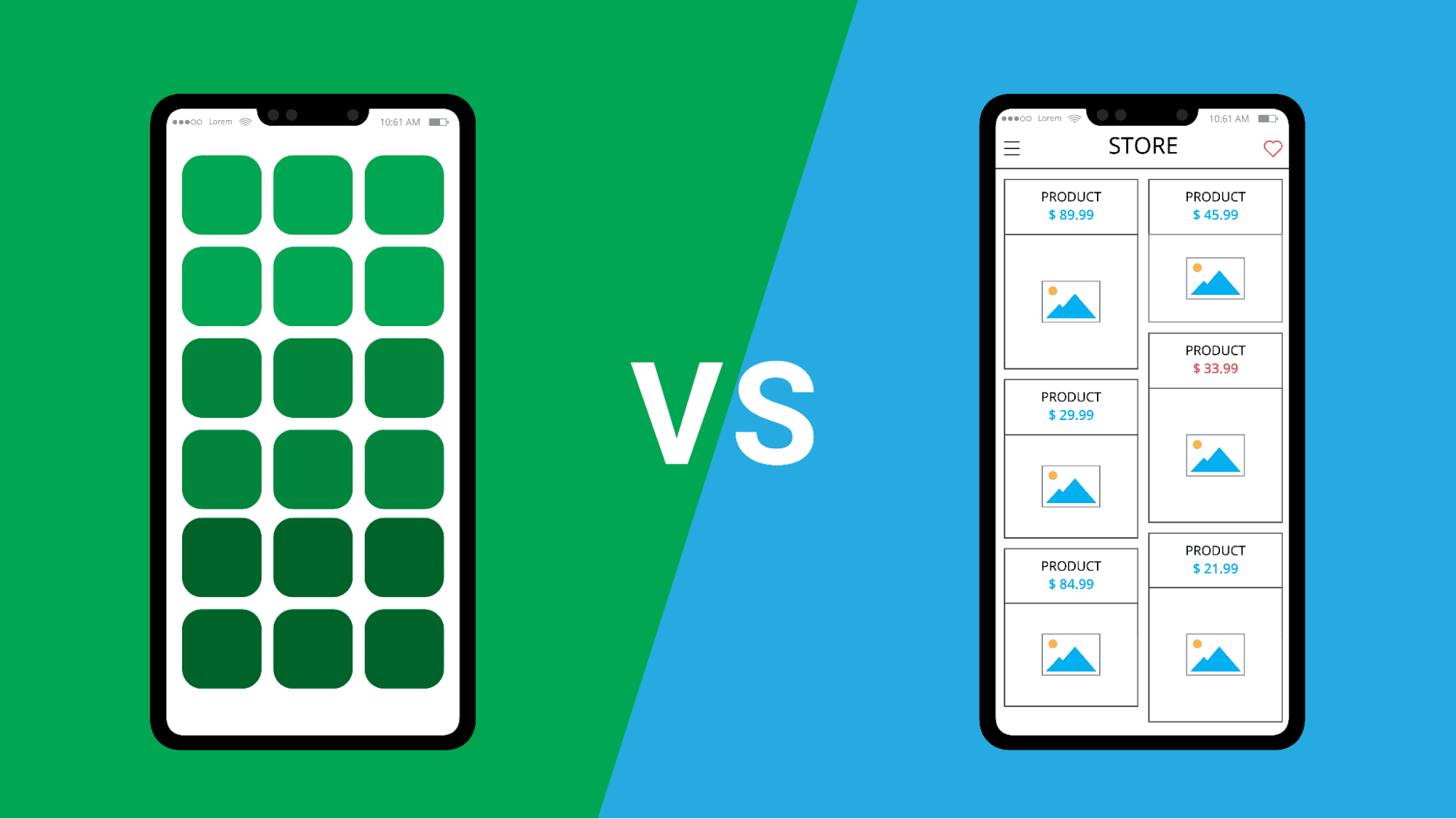 two mobiles one showing the mobile apps menu and one showing a mobile store separated by vs
