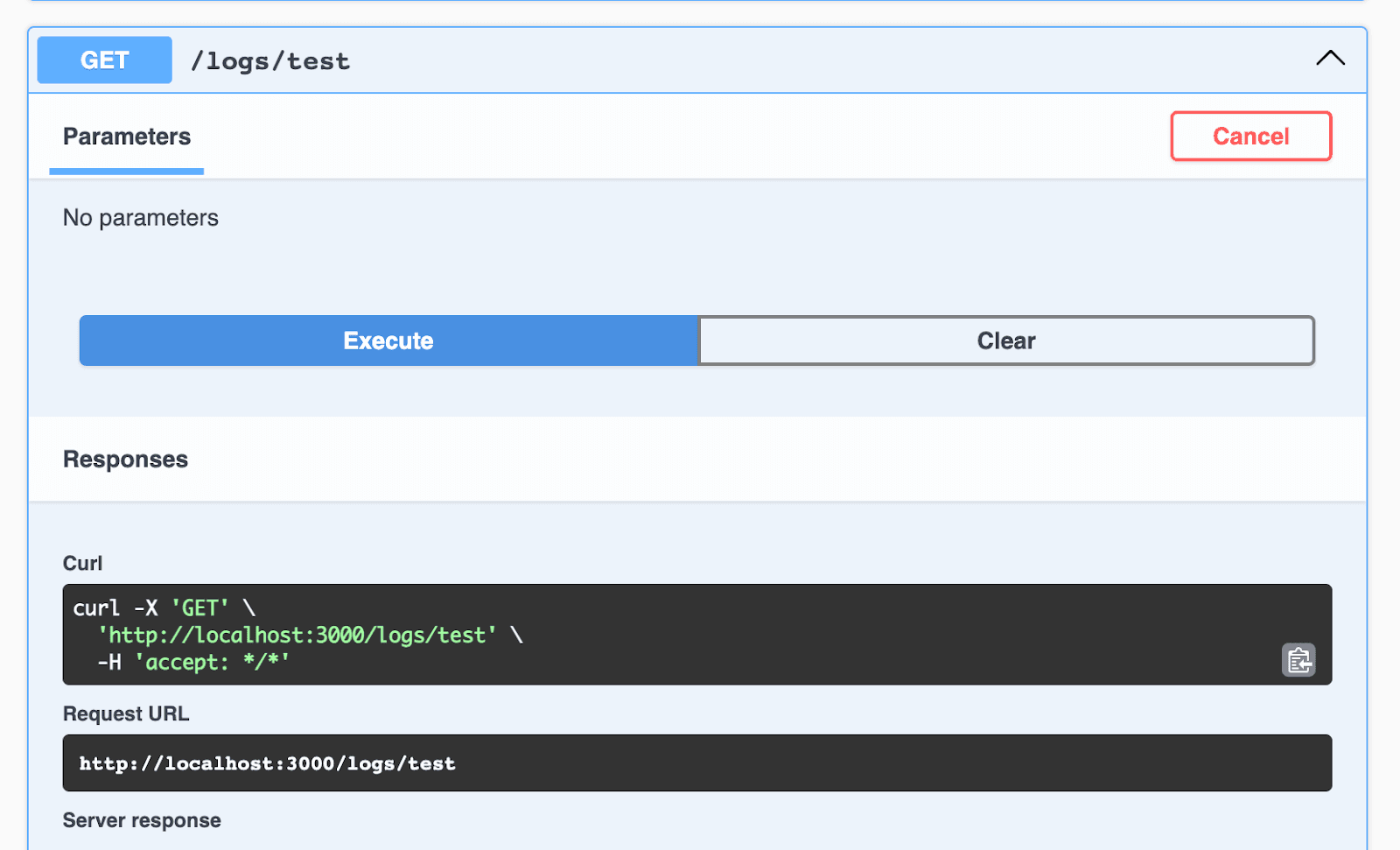 Image on how to add a Winston Logger to your Nestjs project that saves logs to the database. This is showcasing the localhost:3000/api after executing the GET /test route.