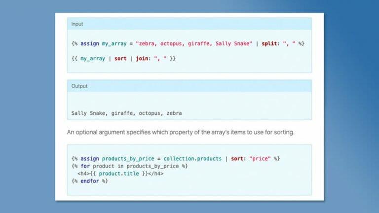 Screenshot of a portion of the docs for Liquid, the Shopify templating language.