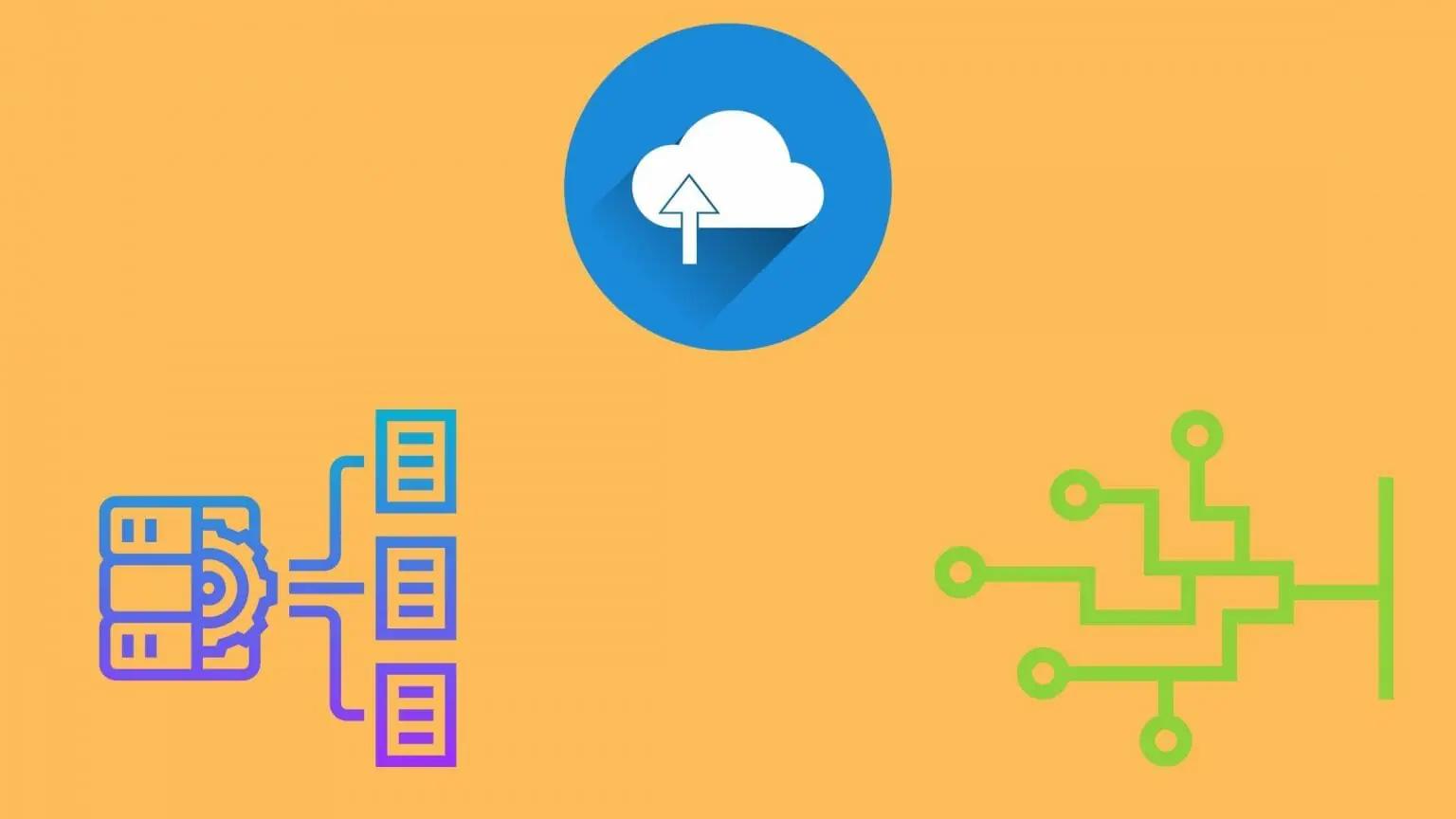 Colorful image icons of data sets in a database being uploading to the cloud. 