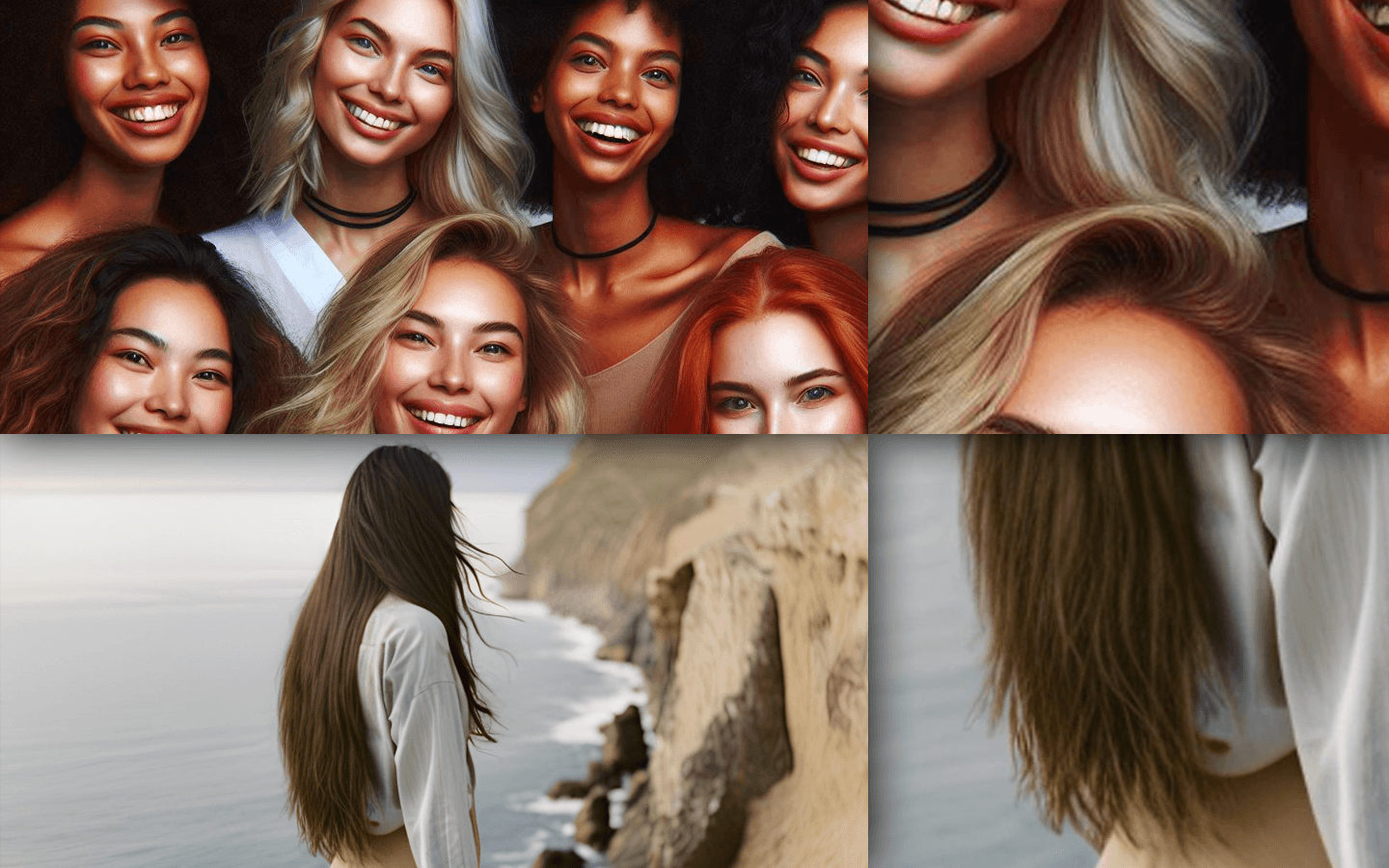 Examples of AI-generated images featuring human subjects with hair that contains errors like blurry textures and hair belonging to different people melding together.