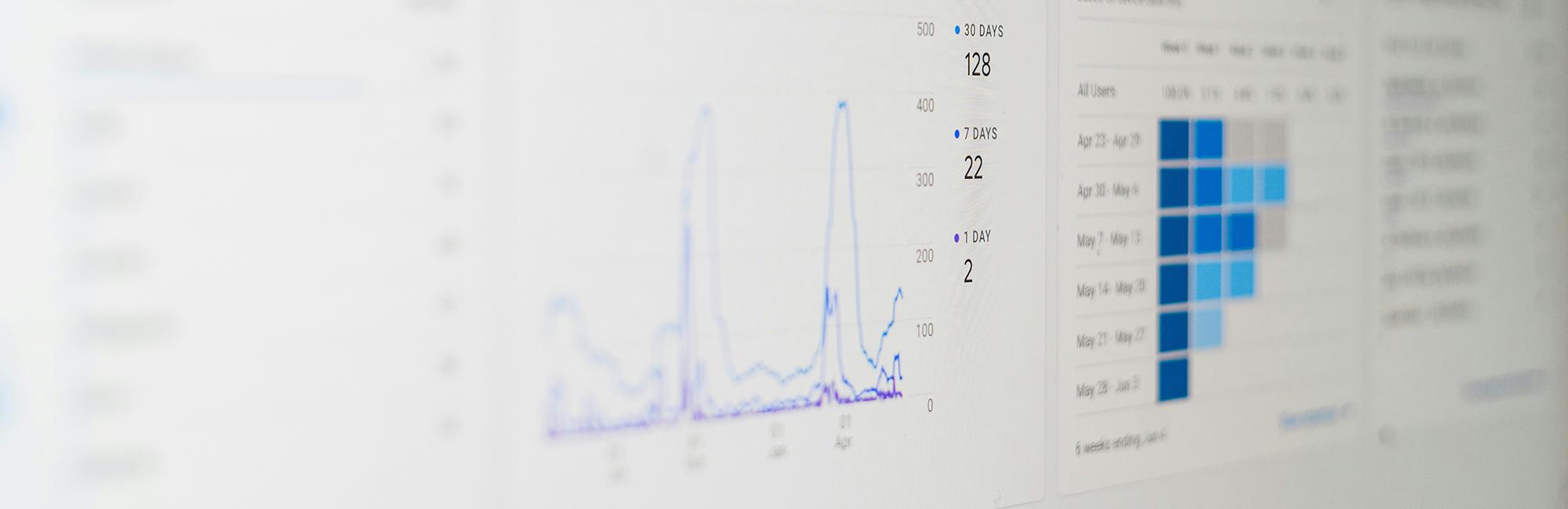 A photograph of a laptop screen displaying performance marketing analytics.
