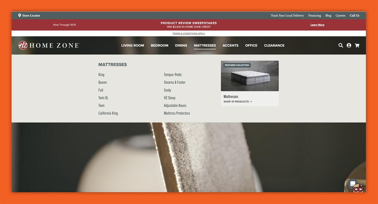 Screenshot of the Home Zone home page, showing one open panel new megamenu, demonstrating the improved product architecture, along with the new UX and aesthetic.