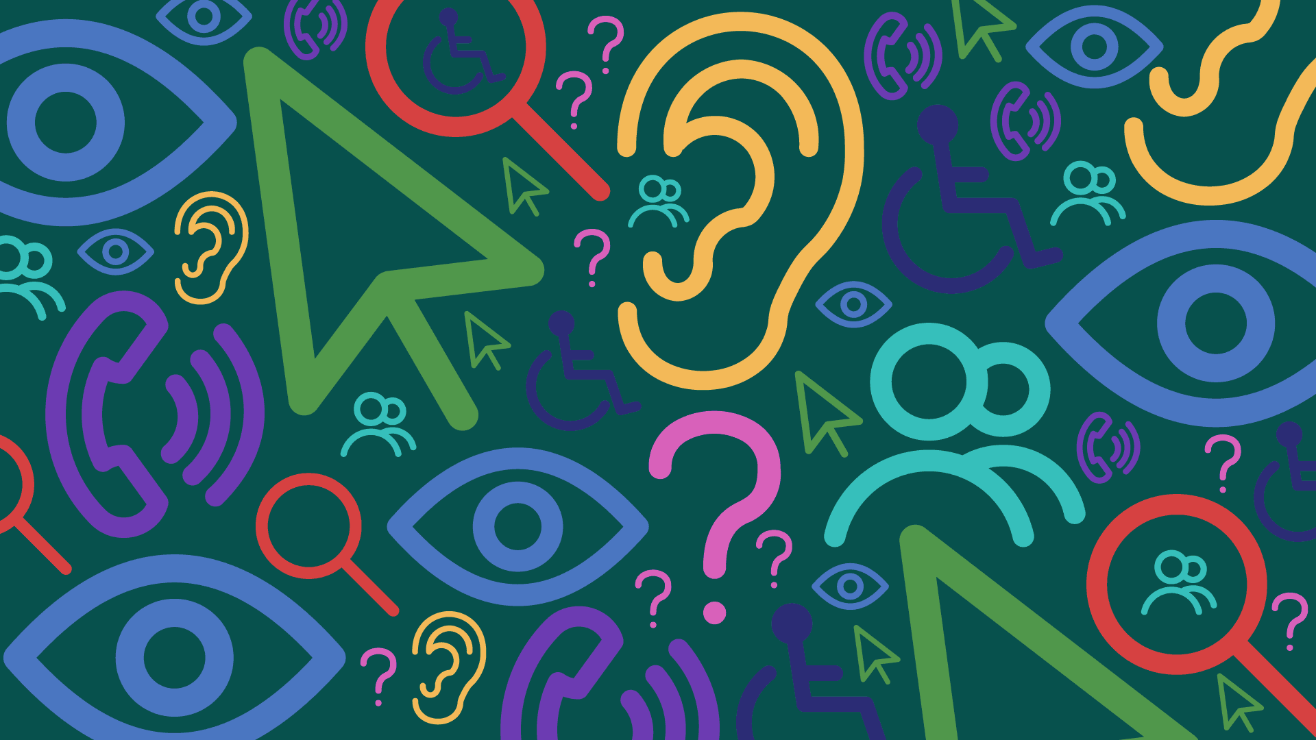 A colorful array of different symbols representing the concept of Web Accessibility, including eyes, ears, cursors, magnifying glasses, telephones, and question marks.