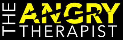 Angry Therapist logo in white and yellow text.