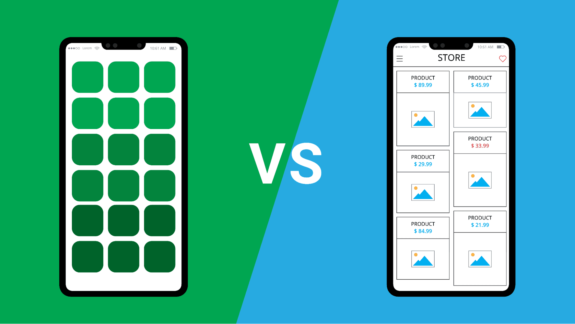 two mobiles one showing the mobile apps menu and one showing a mobile store separated by vs