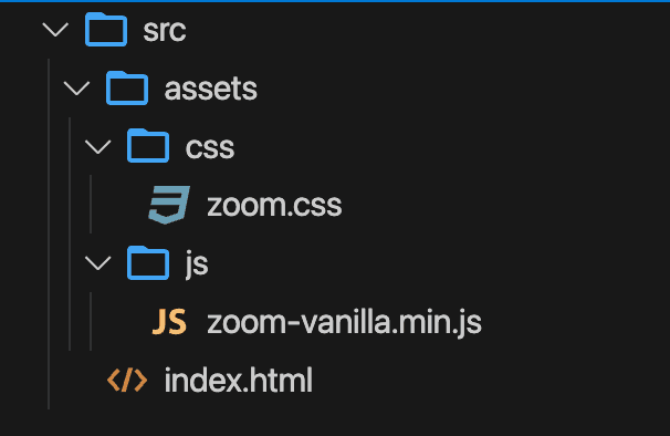 A screen shot showing an example of file structure to include a local copy of vanilla zoom minified code and css in your project so as not to rely on a CDN