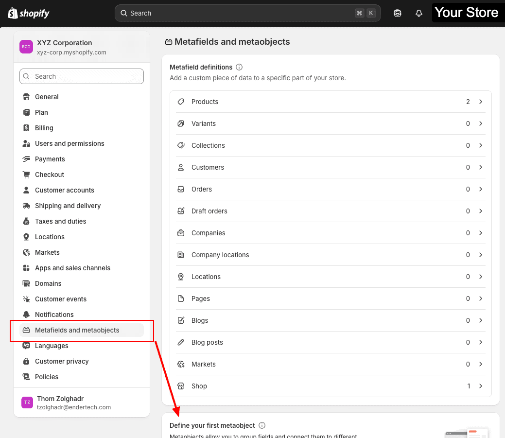 Shopify Settings modal with Metafields and Metaobjects selected