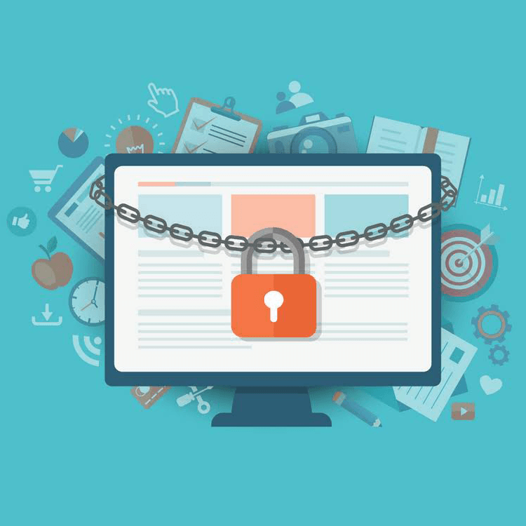 Image with an icon that shows a computer screen with a chain and lock around it.