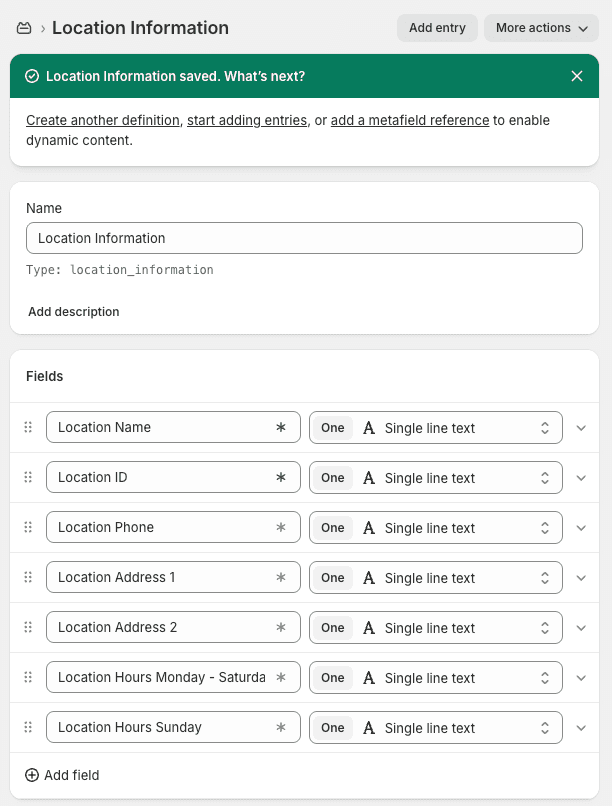 Shopify metaobjects definitions filled in