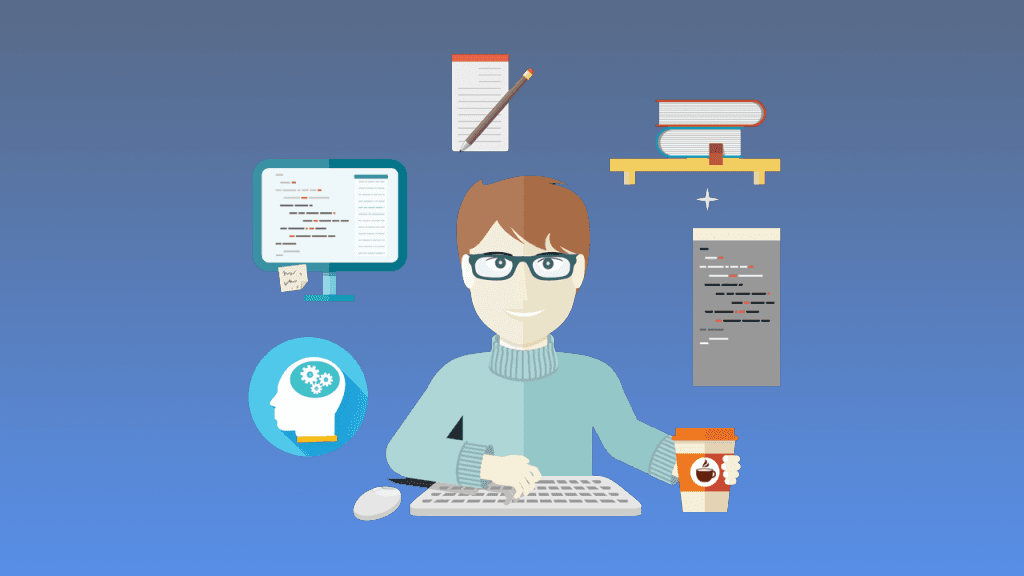 Image icon showing a developer using a keyboard and a hot drink in one hand.