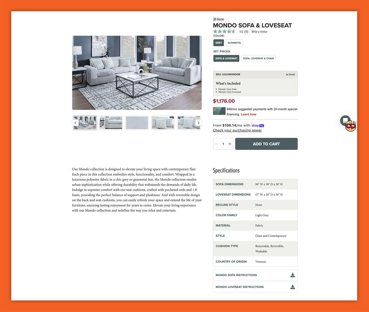 Screenshot of a Home Zone product detail page, showing the new variant-driven design, variant-specific specs & assembly PDF links, availability messaging, and modern design.