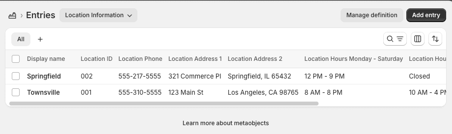 Metaobject Entry List