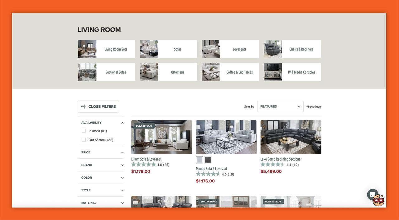 Screenshot of a Home Zone product list page, showing the new filters, badges, and automated sub collection display.