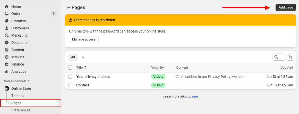 Add new Online Store Page